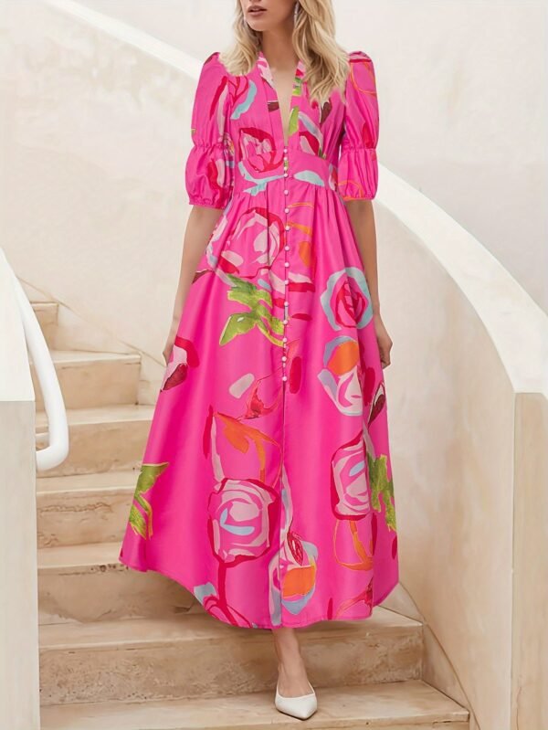 Allover Print V-neck Dress, Elegant Short Sleeve A-line Dress For Spring & Summer, Women's Clothing