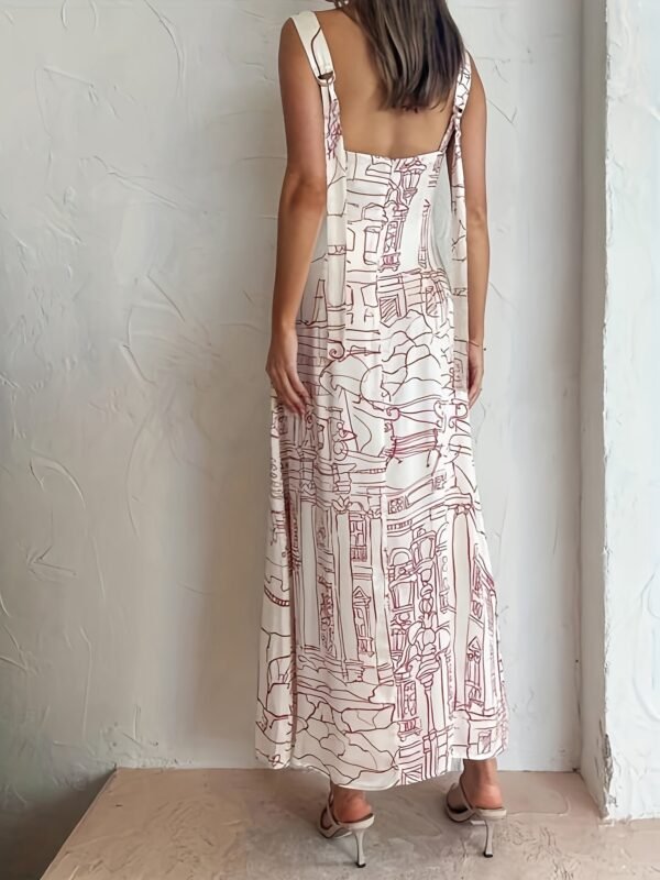 Abstract Line Print V Neck Tank Dress, Vintage Backless Slim Fit Ankle Tank Dress For Spring & Summer, Women's Clothing