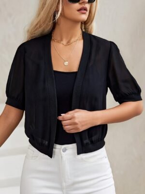 Solid Color Open Front Jacket, Elegant Short Sleeve Jacket For Spring & Fall, Women's Clothing