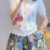 Floral & Mushroom Pattern V Neck Cardigan, Casual Beaded Button Short Sleeve Sweater For Spring & Summer, Women's Clothing
