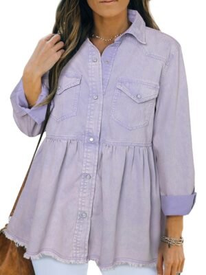 Women's Casual Long Sleeve Denim Button Down Shirt, Ruffled-Hem Denim Jacket