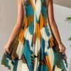 Geo Print Keyhole Back Pleated Dress, Elegant Sleeveless Colorblock Dress, Women's Clothing
