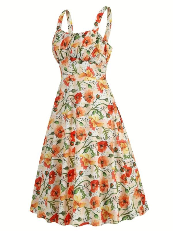 Floral Print Wide Strap Dress, Vacation Style Sleeveless Ruched Bust A-line Dress For Spring & Summer, Women's Clothing