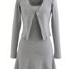 Elegant Solid Two-piece Set, Single Button Outwear & Slim Simple Dress Outfits, Women's Clothing