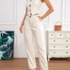 Solid Color Elegant Pants Set, Button Front V N Neck Vest & Pocket Pants Outfits, Women's Clothing