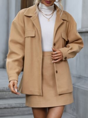 Solid Elegant Two-piece Set, Button Front Long Sleeve Jacket & High Waist Mini Skirts Outfits, Women's Clothing