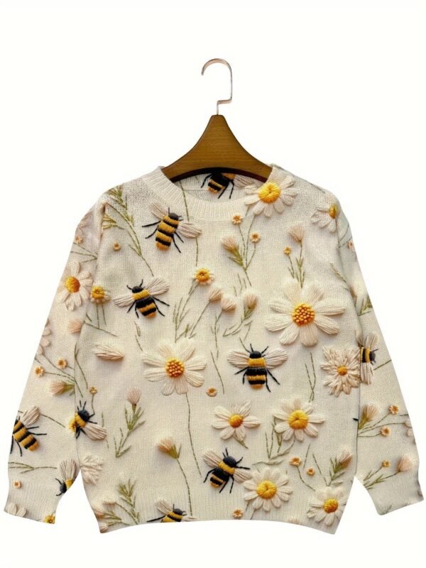 Flower & Bee Pattern Sweater, Versatile Crew Neck Long Sleeve Sweater For Spring & Fall, Women's Clothing