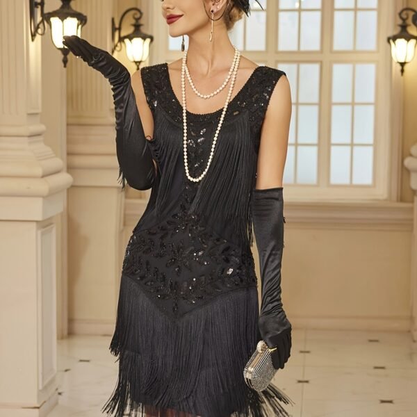 Sequin Fringe Decor Tank Dress, Vintage Sleeveless Flapper Tank Dress For Party & Banquet, Women's Clothing