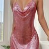 Sequin Decor Cowl Neck Halter Dress, Sexy Backless Split Hem Chain Halter Neck Dress For Club & Party, Women's Clothing