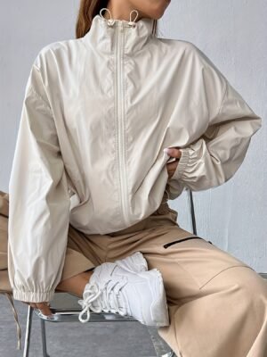 Solid Color Zip Up Drawstring Jacket, Casual Long Sleeve Jacket For Spring & Fall, Women's Clothing