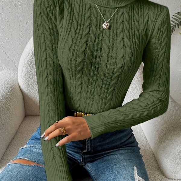 Solid Turtle Neck Cable Knit Sweater, Casual Long Sleeve Slim Sweater, Women's Clothing