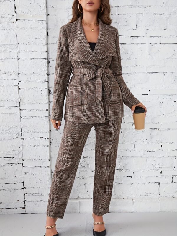 Plaid Pattern Elegant Two-piece Set, Long Sleeve Open Front Tops & Wide Leg Pants Outfits, Women's Clothing