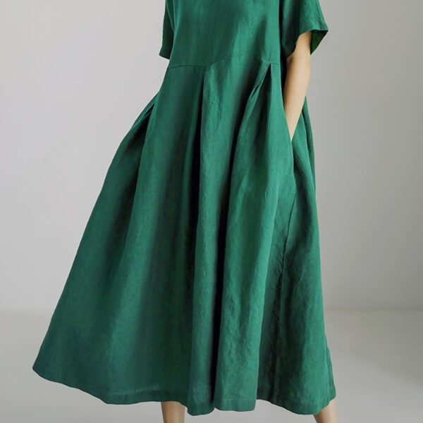 Solid Color Crew Neck Loose Dress, Elegant Short Sleeve Simple Dress For Spring & Summer, Women's Clothing