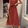Elegant Solid Color Pantsuits Set, Crew Neck Tank Top & Wide Leg Pants Outfits, Women's Clothing