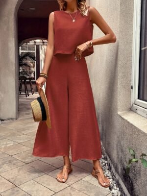 b2c48d72-4f9a-412d-93ac-a71da7e49b62-2.jpg Elegant Solid Color Pantsuits Set, Crew Neck Tank Top & Wide Leg Pants Outfits, Women's Clothing