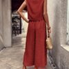 Elegant Solid Color Pantsuits Set, Crew Neck Tank Top & Wide Leg Pants Outfits, Women's Clothing