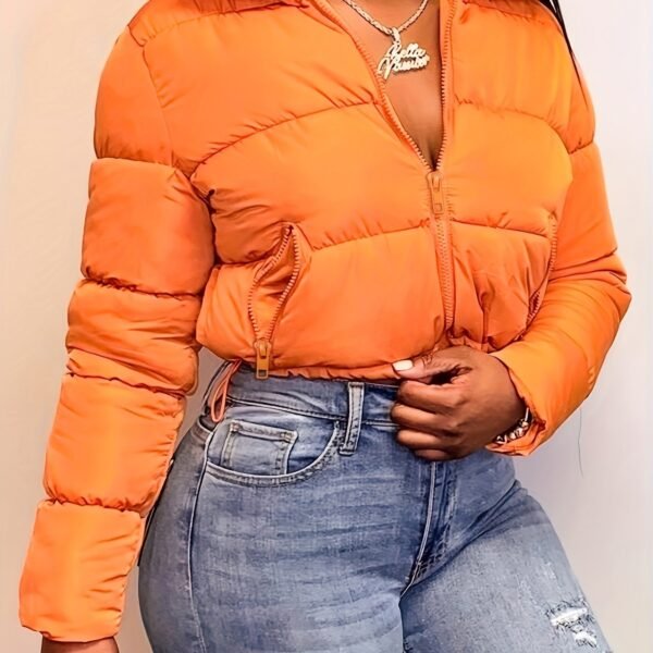 Zipper Warm Puffer Jackets For Winter Hiking Ski, Solid Color Crop Puffer Coat, Women's Clothing for Koningsdag/King's Day