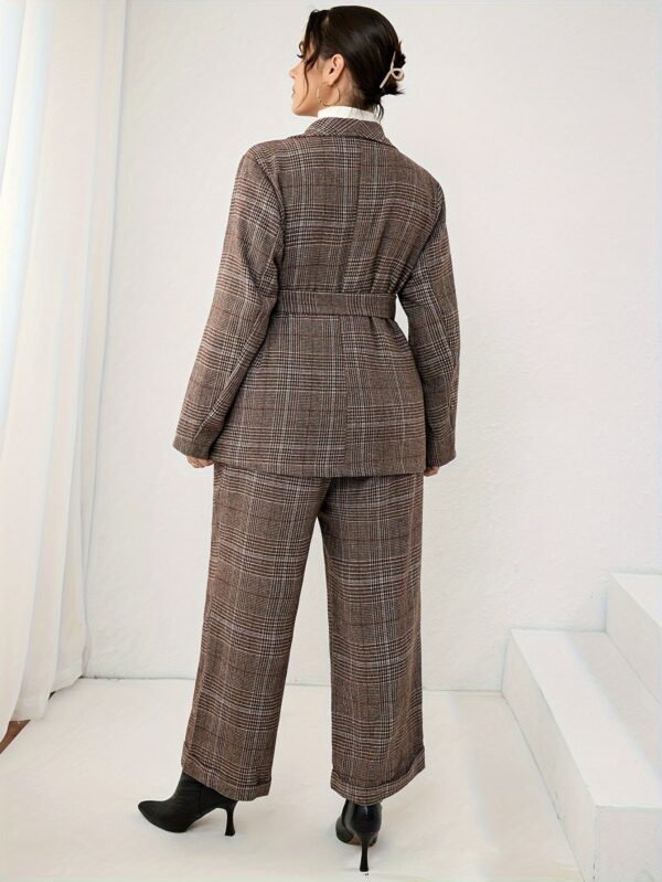 Plus Size Elegant Suit Set, Women's Plus Plaid Print Long Sleeve Waterfall Collar Belted Blazer & Wide Leg Pants Outfits Two Piece Set