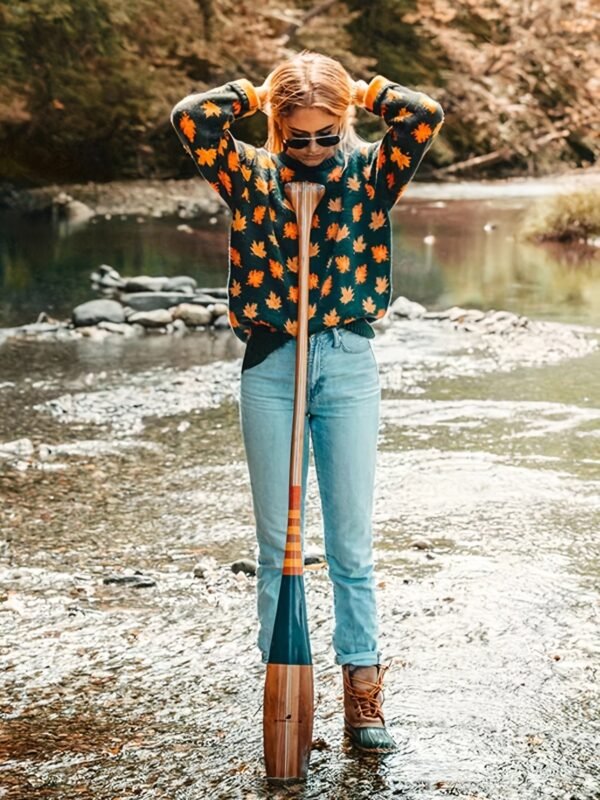 Maple Leaf Pattern Crew Neck Sweater, Casual Long Sleeve Stylish Pullover Sweater, Women's Clothing