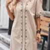 Embroidered Trim Crew Neck Dress, Elegant Simple Short Sleeve Dress For Spring & Summer, Women's Clothing