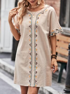 Embroidered Trim Crew Neck Dress, Elegant Simple Short Sleeve Dress For Spring & Summer, Women's Clothing