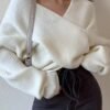 Rib-knit V Neck Loose Sweater, Elegant Long Sleeve Sweater For Fall & Winter, Women's Clothing