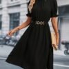 Chain Belted Puff Sleeve Dress, Elegant Summer Mock Neck Knee Length Dress For Spring & Summer, Women's Clothing