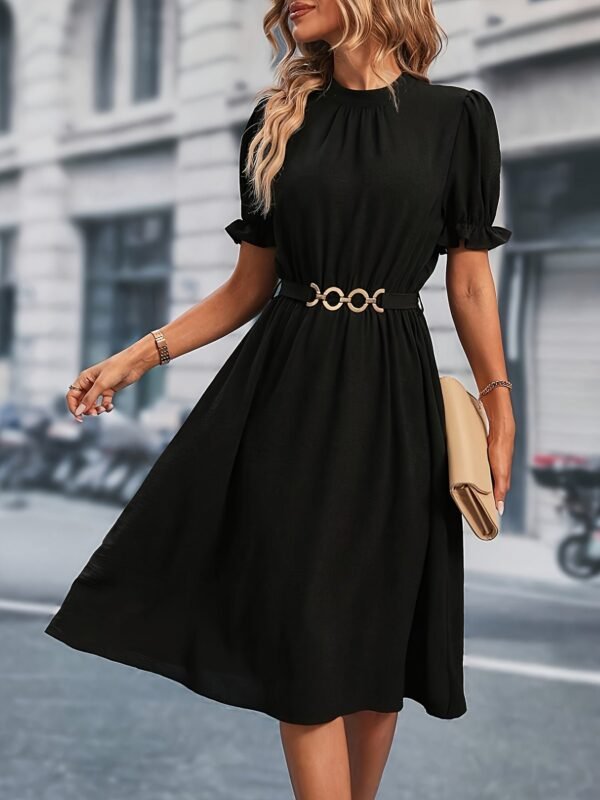 Chain Belted Puff Sleeve Dress, Elegant Summer Mock Neck Knee Length Dress For Spring & Summer, Women's Clothing