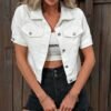 Plain White Short Sleeve Denim Coat, Lapel Single-breasted Flap Pocket Denim Jacket, Women's Denim Jeans & Clothing