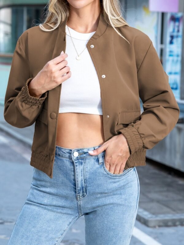 Solid Button Front Bomber Jacket, Casual Long Sleeve Outerwear With Pockets, Women's Clothing