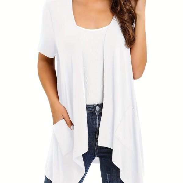 Dual Pockets Open Front Coat, Casual Short Sleeve Coat For Spring & Summer, Women's Clothing