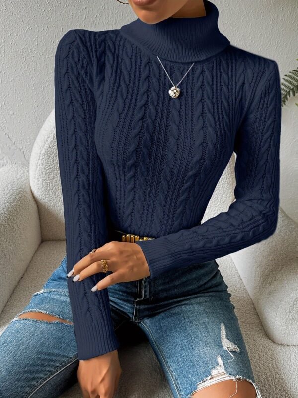 Solid Turtle Neck Cable Knit Sweater, Casual Long Sleeve Slim Sweater, Women's Clothing