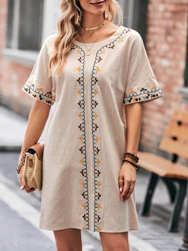 Embroidered Trim Crew Neck Dress, Elegant Simple Short Sleeve Dress For Spring & Summer, Women's Clothing