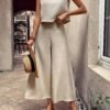 Solid Color Elegant Pantsuits Set, Crew Neck Tak Top & Wide Leg Pants Outits, Women's Clothing