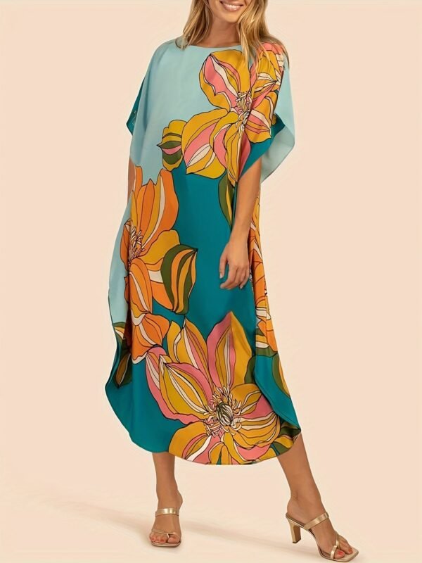 Color Block Crew Neck Dress, Casual Short Sleeve Loose Asymmetrical Dress For Spring & Summer, Women's Clothing