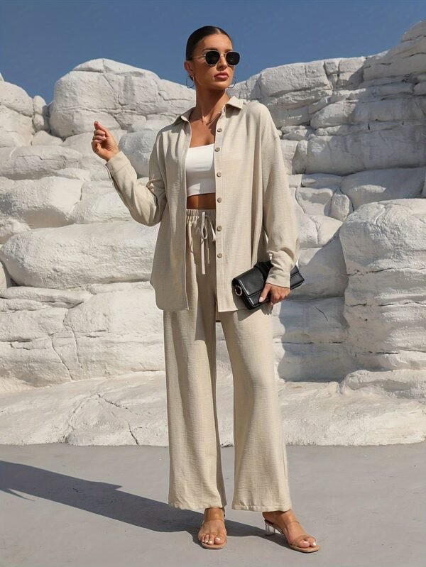 Solid Color Pantsuits Set, Button Front Long Sleeve Shirt & Wide Leg Drawstring Waist Pants Outfits, Women's Clothing