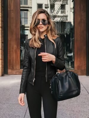 Women's Street Style Chic Coated Stretchy Plain Black Color Jacket With Zipper Pockets And Modern Fit