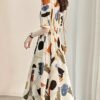 Allover Print Button Front A-line Dress, Elegant Short Sleeve Dress For Spring & Summer, Women's Clothing