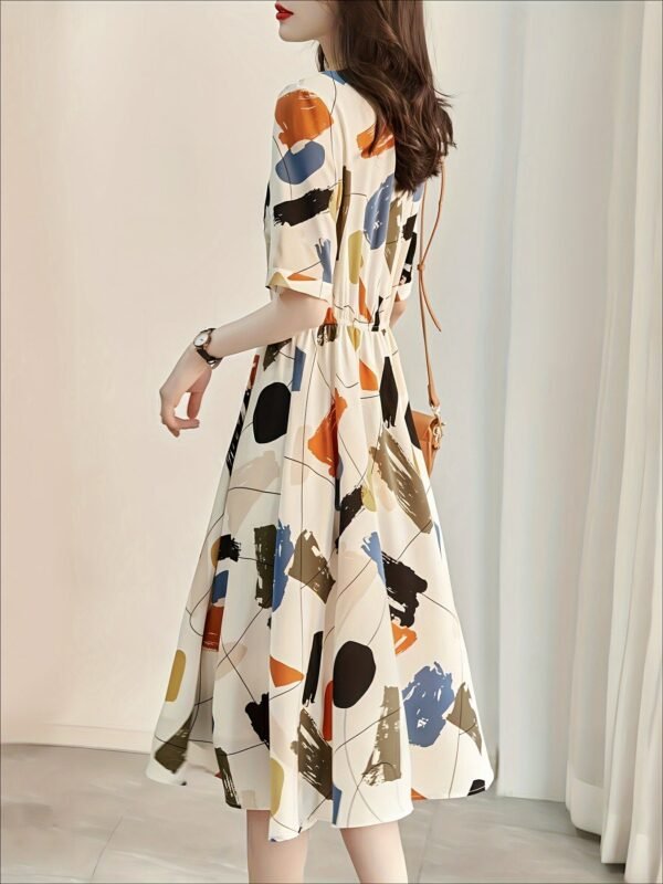 Allover Print Button Front A-line Dress, Elegant Short Sleeve Dress For Spring & Summer, Women's Clothing