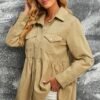 Women's Casual Long Sleeve Denim Button Down Shirt, Ruffled-Hem Denim Jacket
