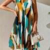 Geo Print Keyhole Back Pleated Dress, Elegant Sleeveless Colorblock Dress, Women's Clothing