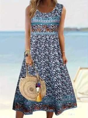 Floral Print Crew Neck A-line Dress, Casual Sleeveless Tank Dress For Spring & Summer, Women's Clothing