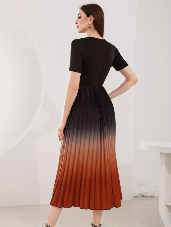 Ombre Crew Neck Pleated Dress, Elegant Short Sleeve A-line Swing Dress For Spring & Summer, Women's Clothing