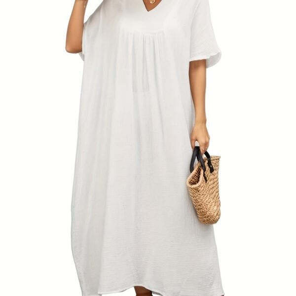 Solid Color V Neck Coverup Dress, Casual Batwing Sleeve Loose Maxi Dress For Spring & Summer, Women's Clothing