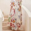 Allover Print V-neck Dress, Elegant Short Sleeve A-line Dress For Spring & Summer, Women's Clothing