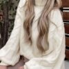Twist Pattern Turtle Neck Pullover Sweater, Casual Lantern Sleeve Loose Sweater For Fall & Winter, Women's Clothing