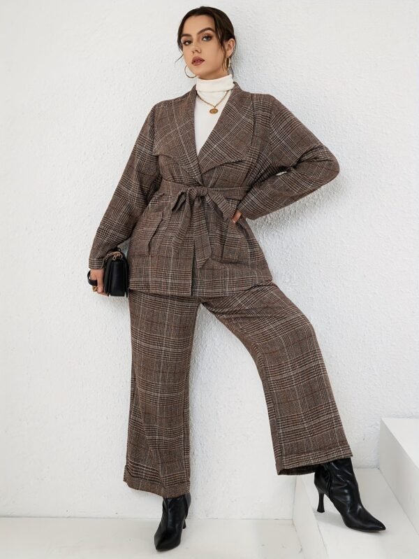 Plus Size Elegant Suit Set, Women's Plus Plaid Print Long Sleeve Waterfall Collar Belted Blazer & Wide Leg Pants Outfits Two Piece Set