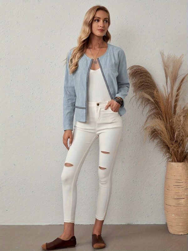 Contrast Trim Open Front Jacket, Casual Long Sleeve Crew Neck Cotton Jacket, Women's Clothing