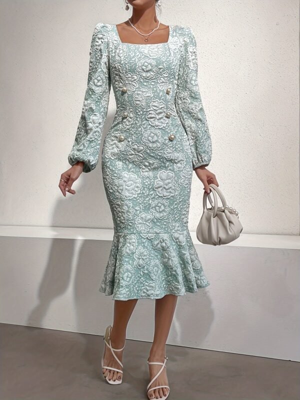 Allover Floral Print Mermaid Dress, Elegant Long Sleeve Bodycon Dress For Spring & Fall, Women's Clothing