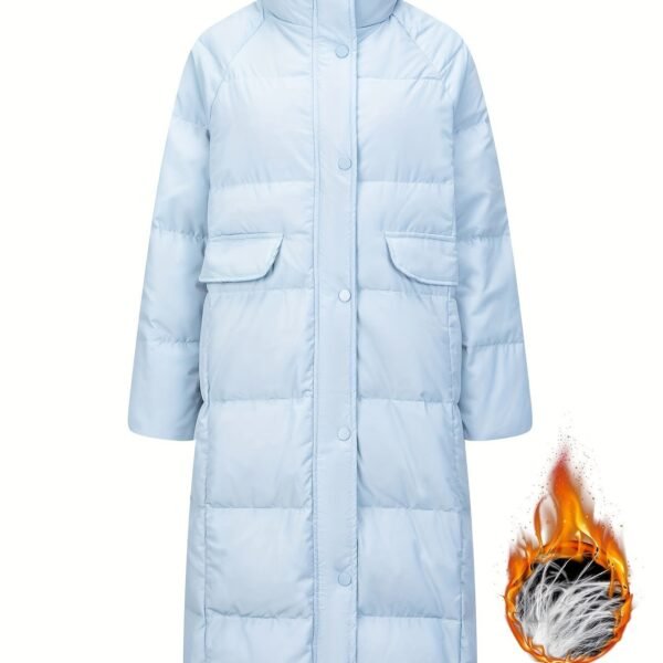 Solid Color Long Puffer Jacket, Stand Collar Warm Jacket For Winter Outdoor Sports, Women's Clothing